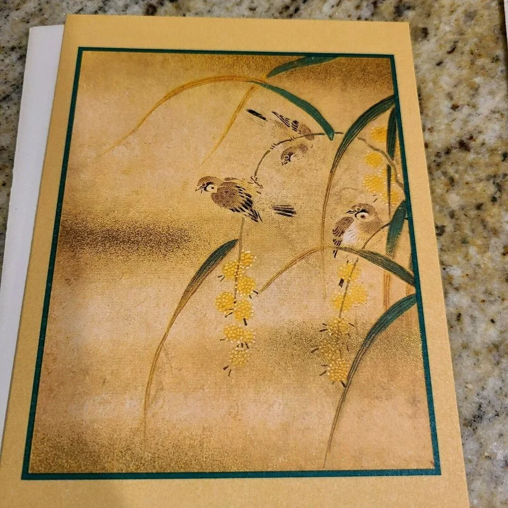 3 Kano Tanyu Blank Cards. Shimmer. Butterfly Mallow, Sparrows, Crane Lotus Pond